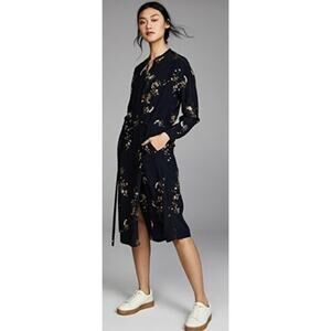 Vince Silk Navy Floral Midi Shirt Dress Sz. XS